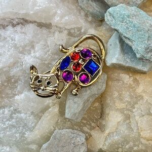Jeweled Kitty/Cat Brooch Gold Toned